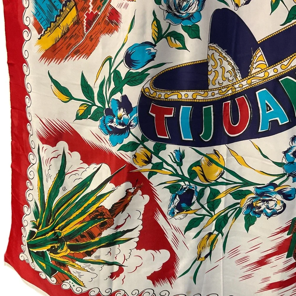 Tijuana Mexico Souvenir Red‎ Floral Sombrero Travel Print Square Scarf One Size